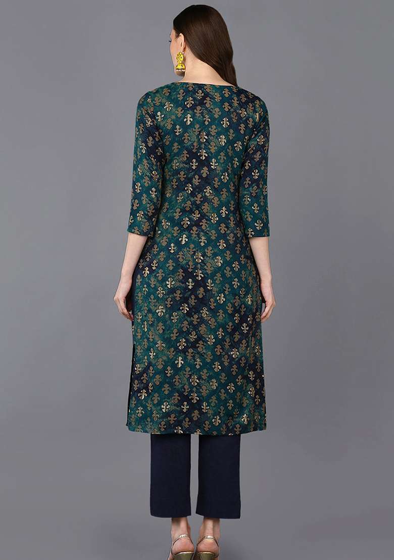 Blue Printed Blended Straight Kurta Set - Indya