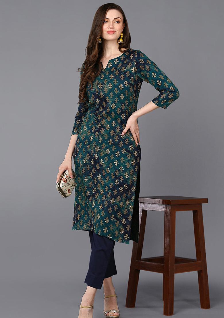 Blue Printed Silk Blend Kurta