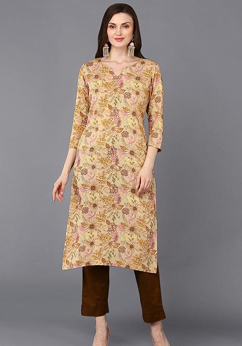 Beige Printed Viscose Rayon Kurta