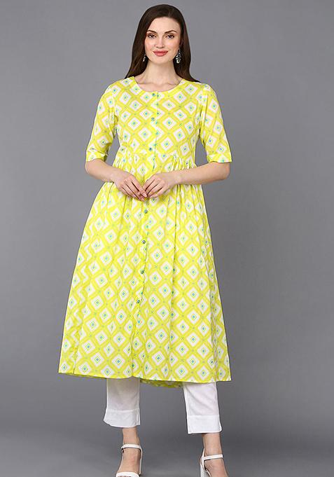 Yellow Printed Cotton Kurta