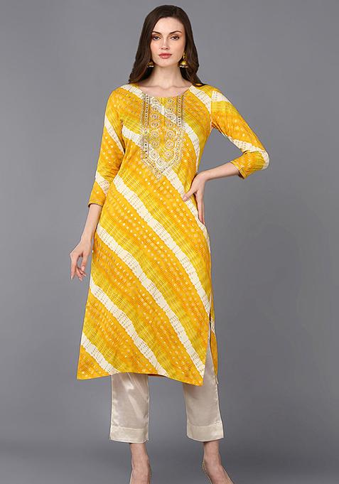 Yellow Printed Viscose Rayon Kurta