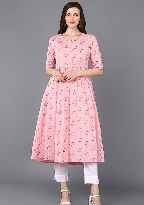 Pink Printed Cotton Kurta