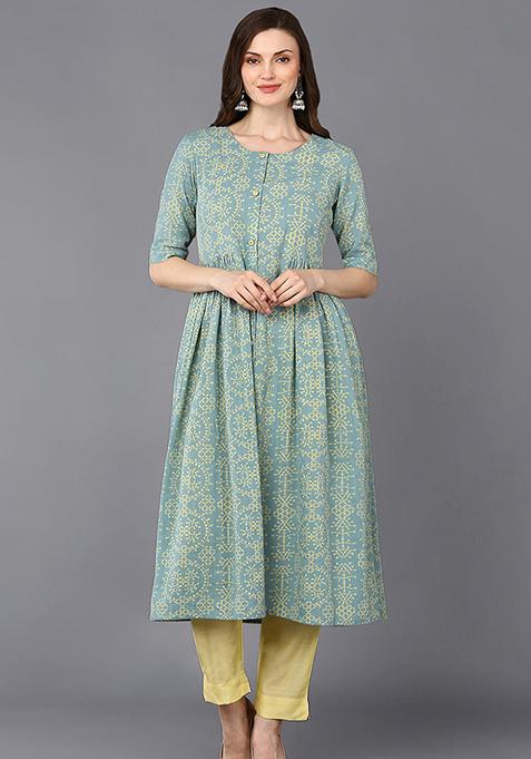 Turquoise Blue Printed Cotton Kurta