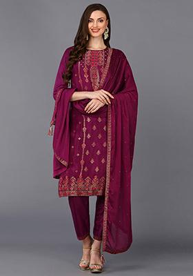 Maroon Embroidered Silk Blend Kurta Set