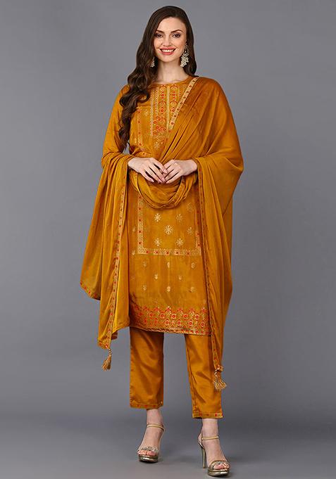 Mustard Embroidered Silk Blend Kurta Set