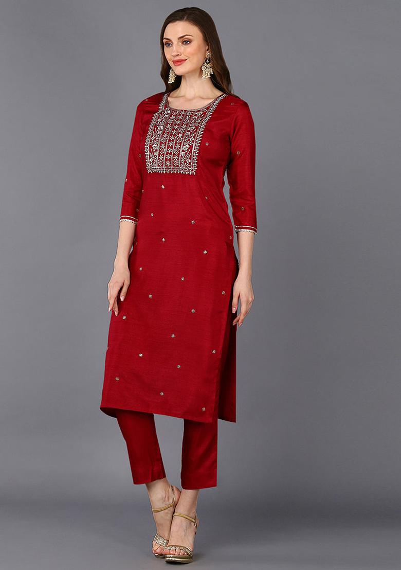Maroon Rogan Work Silk Blend Kurta Set