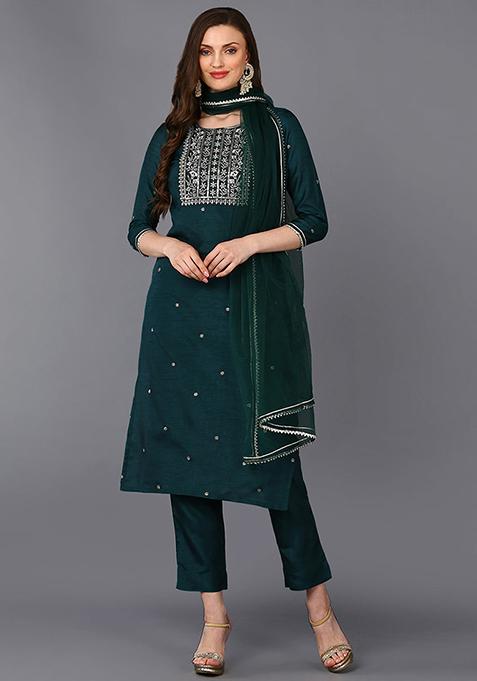 Green Rogan Work Silk Blend Kurta Set