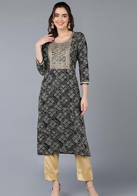 Black Printed Viscose Rayon Kurta