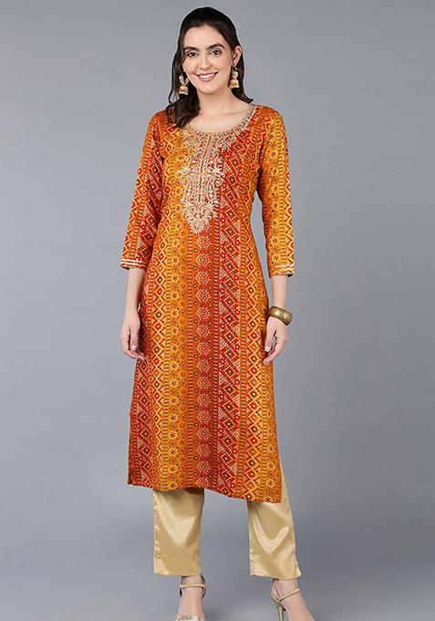 Yellow Printed Viscose Rayon Kurta