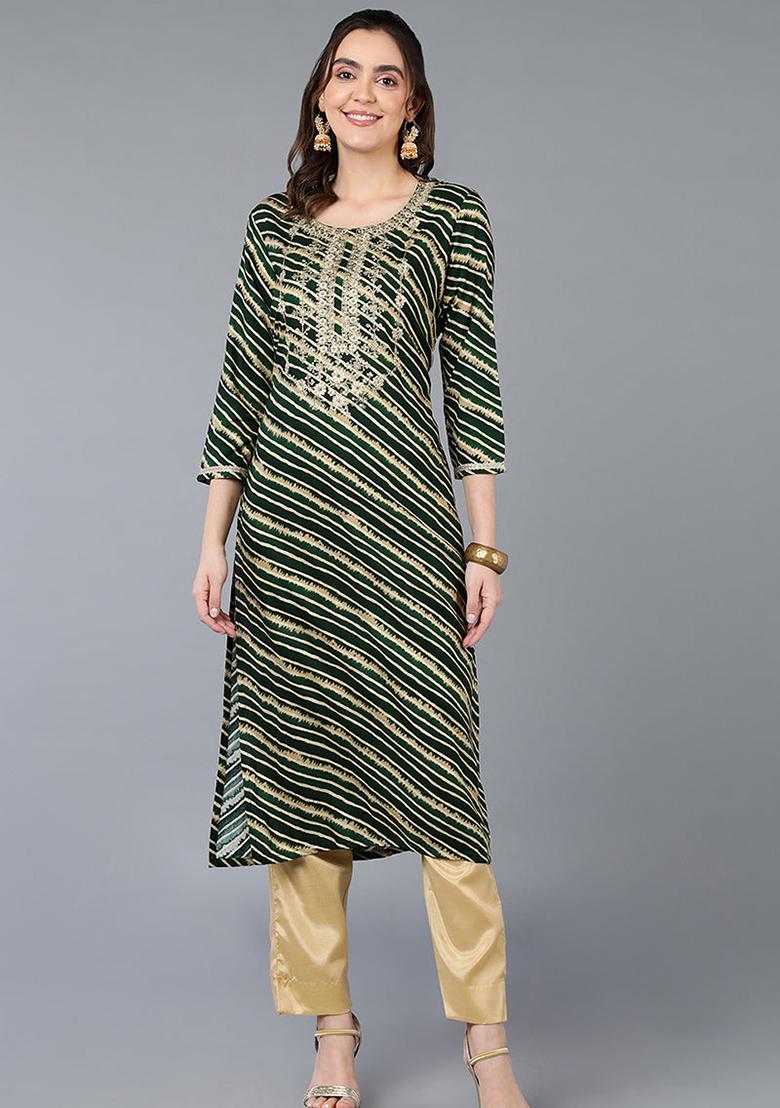 Green Printed Viscose Rayon Kurta