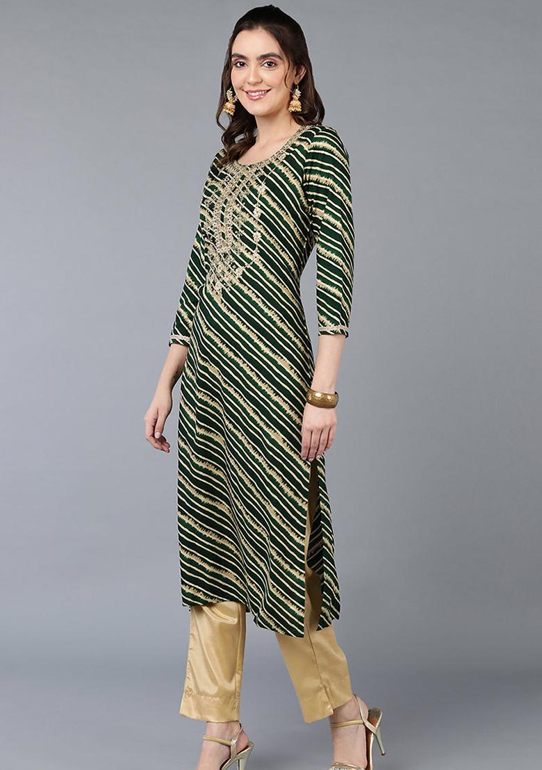 Green Printed Viscose Rayon Kurta