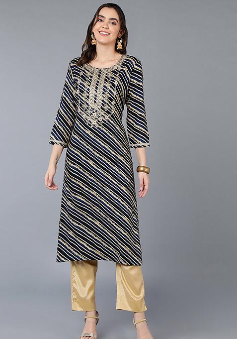 Navy Blue Printed Viscose Rayon Kurta