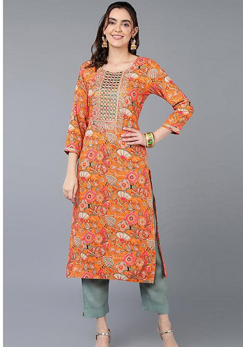 Orange Printed Viscose Rayon Kurta