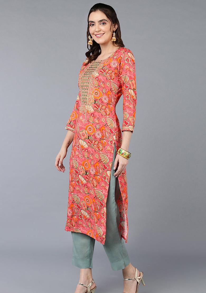 Pink Printed Viscose Rayon Kurta
