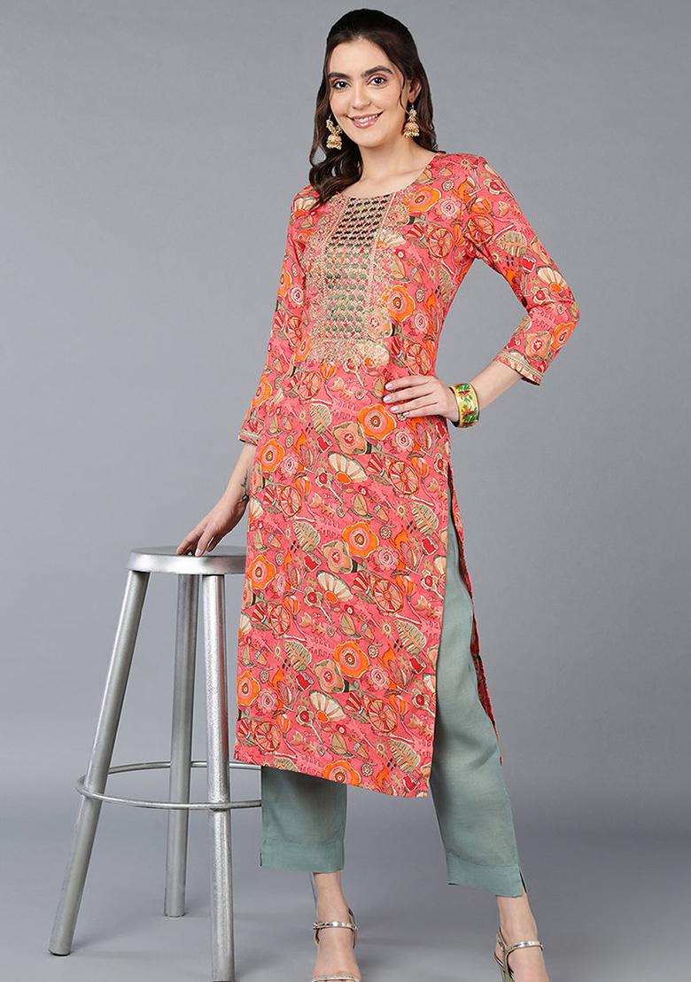 Pink Printed Viscose Rayon Kurta