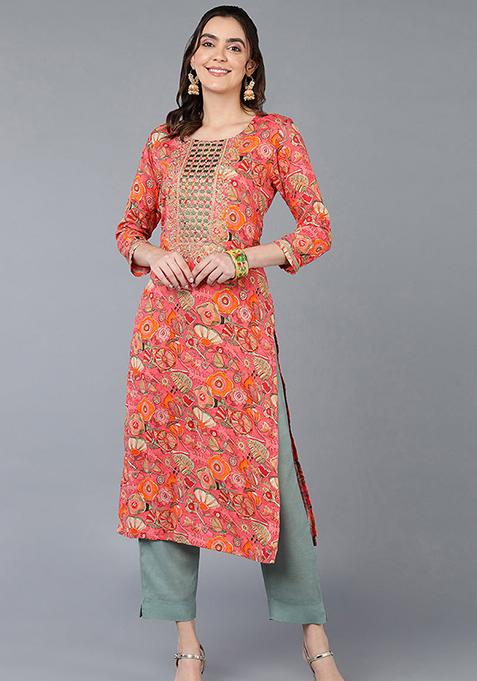 Pink Printed Viscose Rayon Kurta