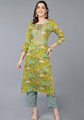 Green Printed Viscose Rayon Kurta