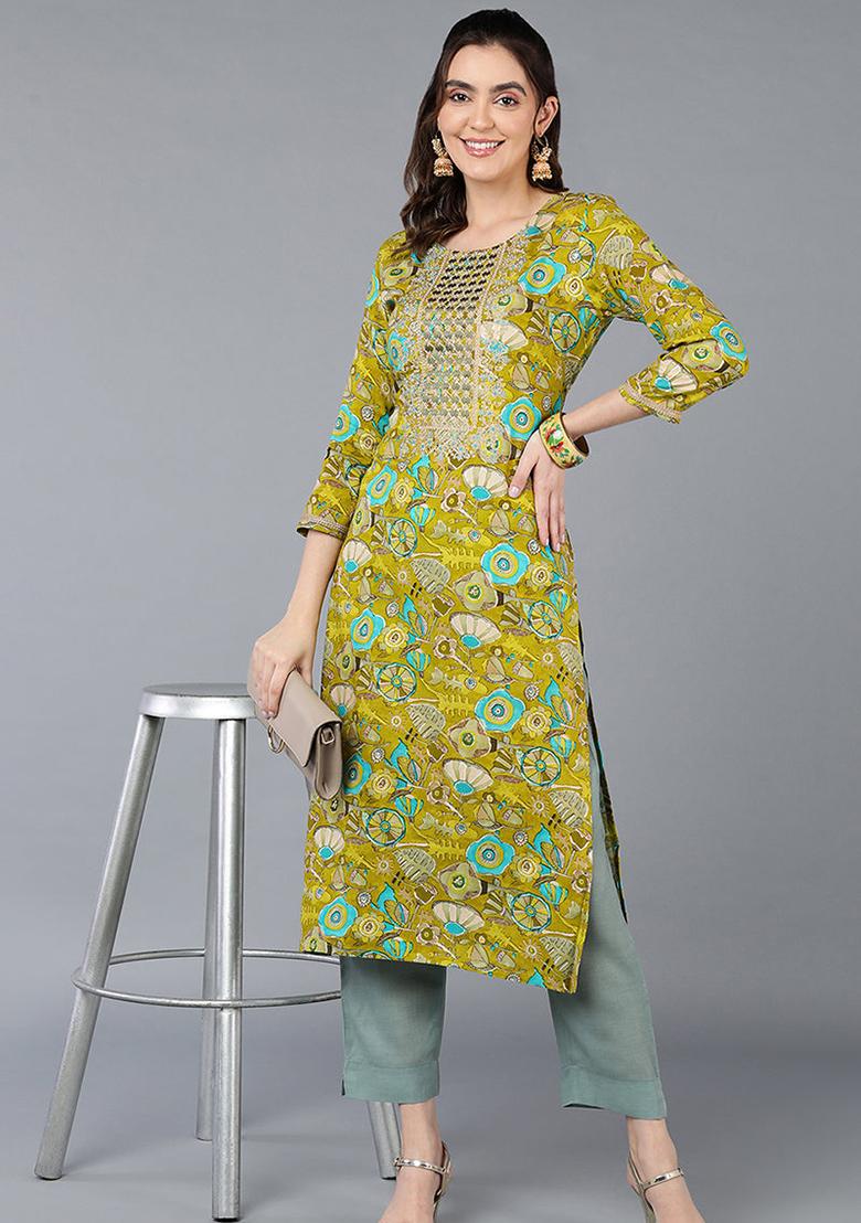 Green Printed Viscose Rayon Kurta