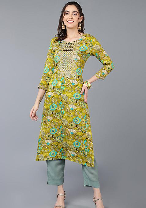 Green Printed Viscose Rayon Kurta