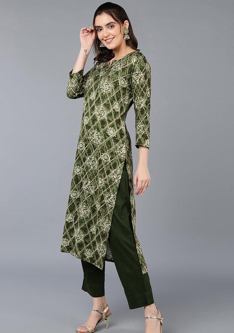 Green Printed Viscose Rayon Kurta
