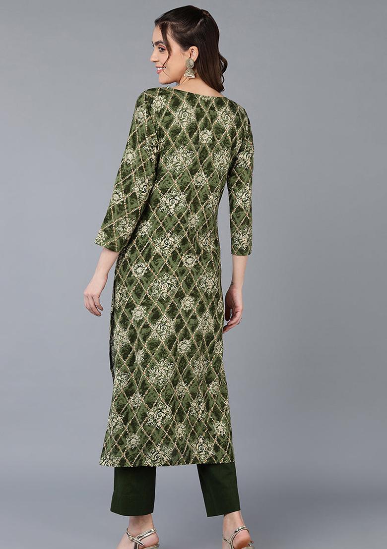 Green Printed Viscose Rayon Kurta