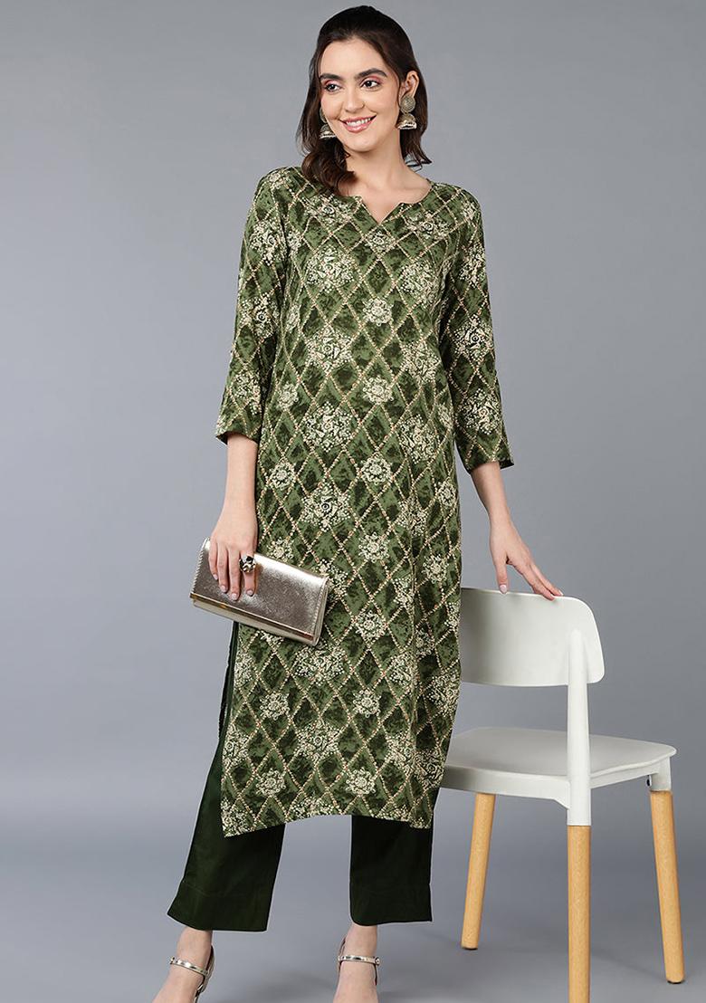 Green Printed Viscose Rayon Kurta