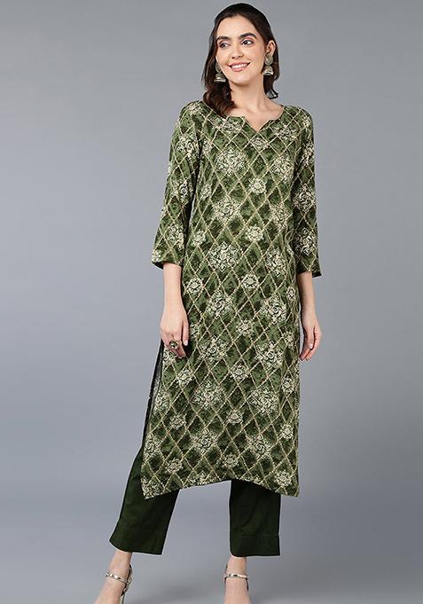 Green Printed Viscose Rayon Kurta