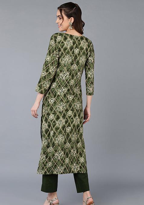 Green Printed Viscose Rayon Kurta