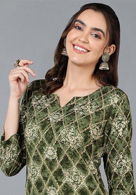 Green Printed Viscose Rayon Kurta