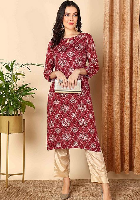 Maroon Printed Viscose Rayon Kurta