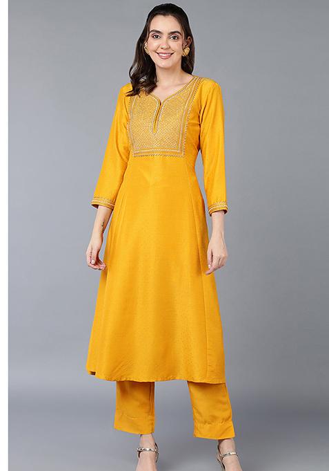 Mustard Embroidered Silk Blend Kurta