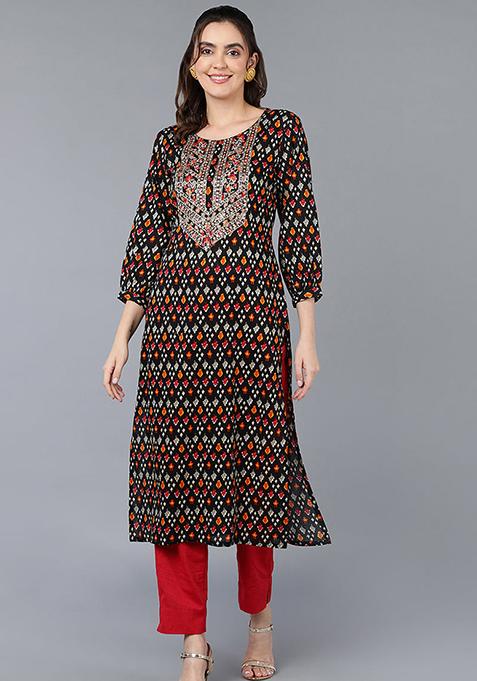 Black Printed Cotton Kurta