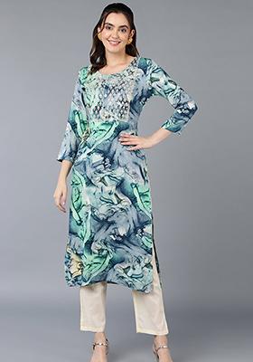 Turquoise Blue Printed Viscose Rayon Kurta