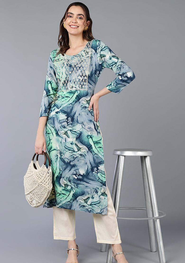Turquoise Blue Printed Viscose Rayon Kurta