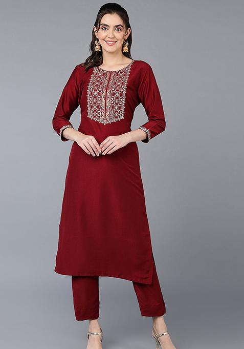 Maroon Embroidered Silk Blend Kurta