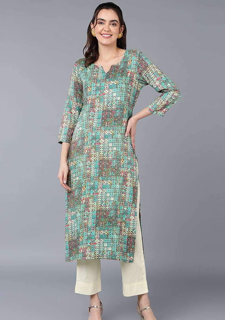 Turquoise Blue Printed Cotton Straight Kurta Set - Indya