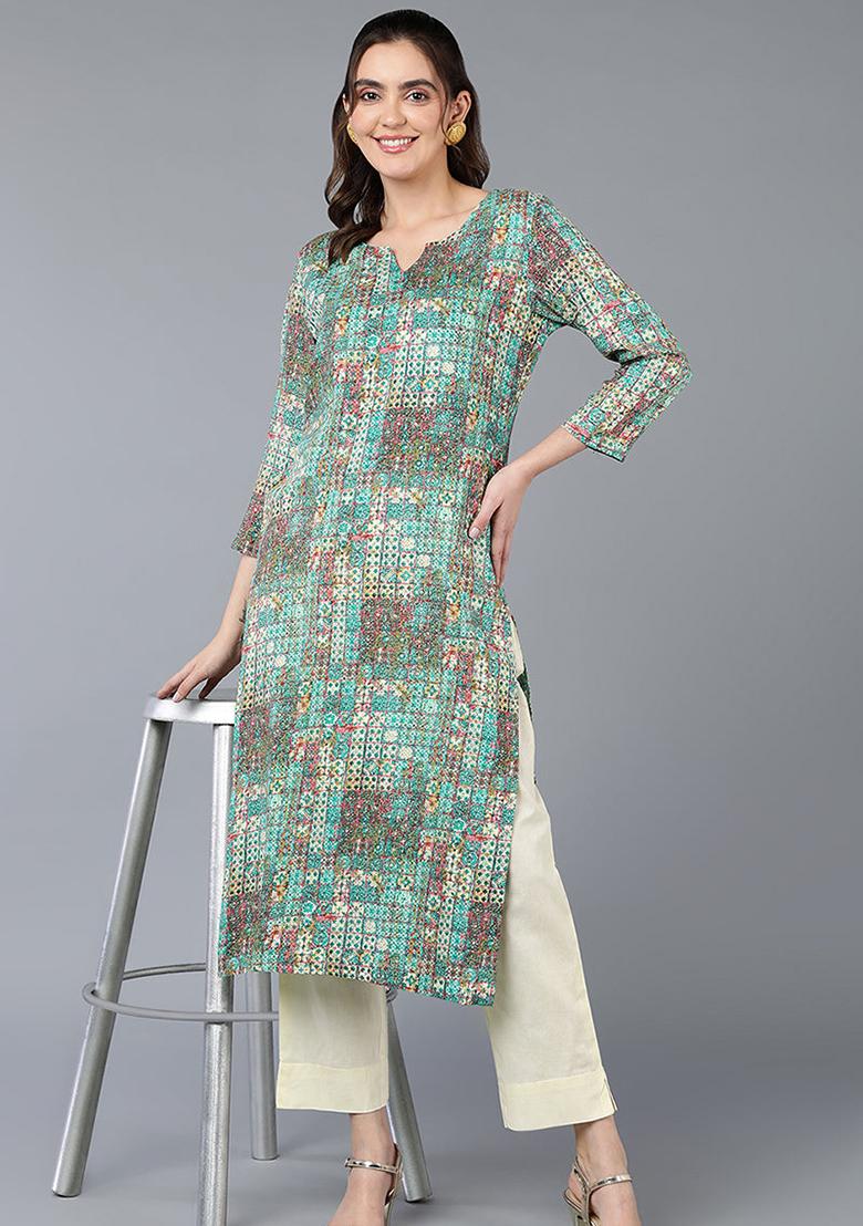 Turquoise Blue Printed Cotton Blend Kurta