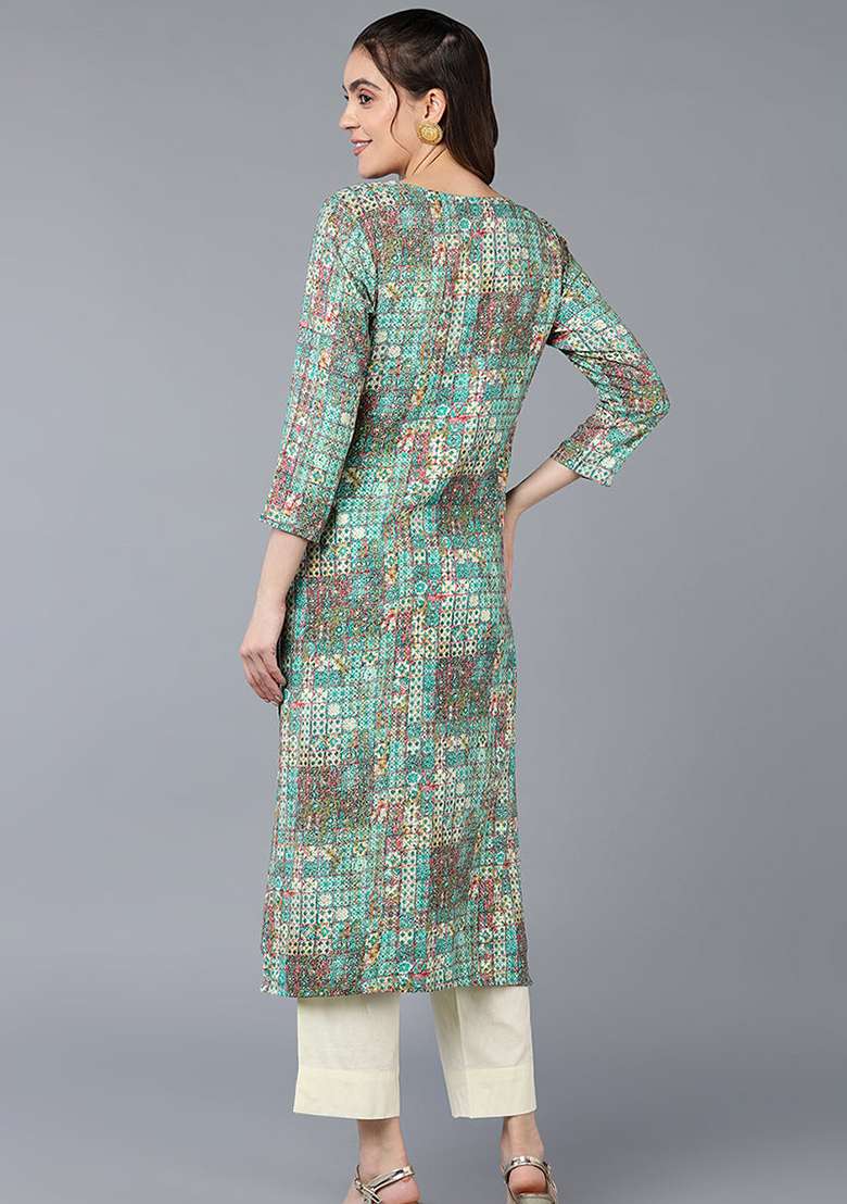 Turquoise Blue Printed Cotton Straight Kurta Set - Indya