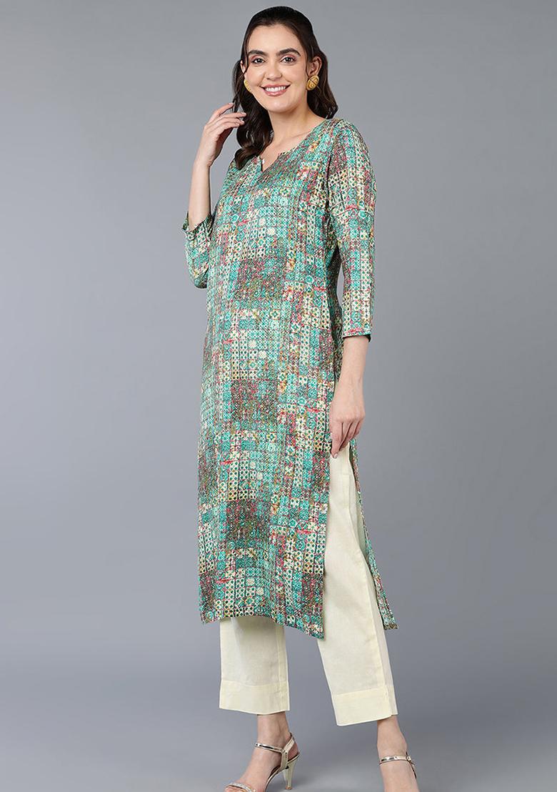 Turquoise Blue Printed Cotton Blend Kurta
