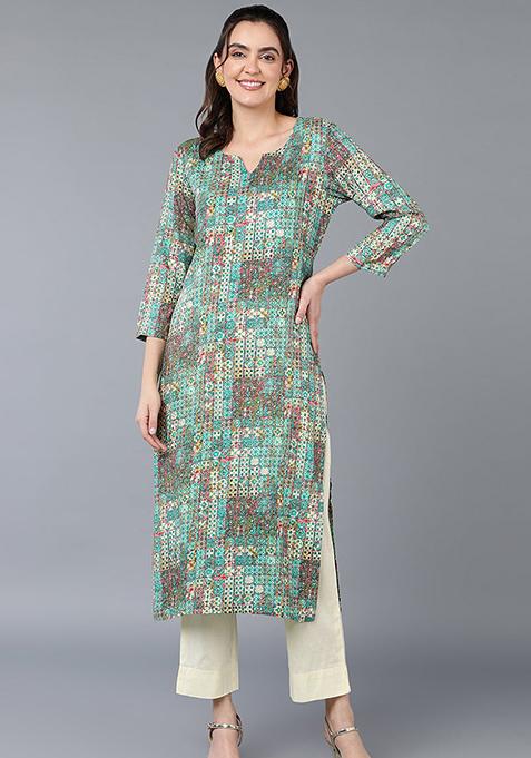 Turquoise Blue Printed Cotton Blend Kurta