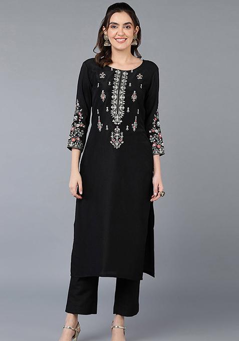 Black Embroidered Silk Blend Kurta