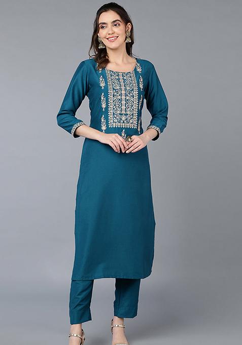 Teal Embroidered Silk Blend Kurta