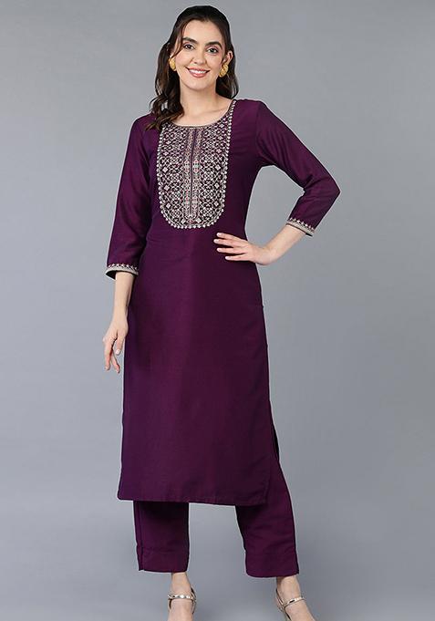 Burgundy Embroidered Silk Blend Kurta