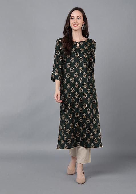 Green Printed Cotton Kurta