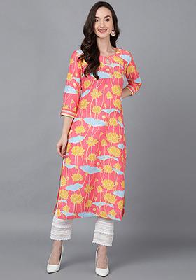 Pink Printed Poly Silk Kurta