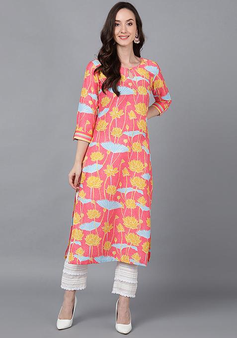 Pink Printed Poly Silk Kurta