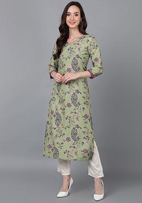 Green Printed Poly Silk Kurta