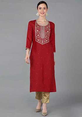 Red Solid Chanderi Silk Kurta