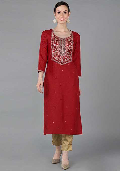 Red Embroidered Silk Straight Kurta Set