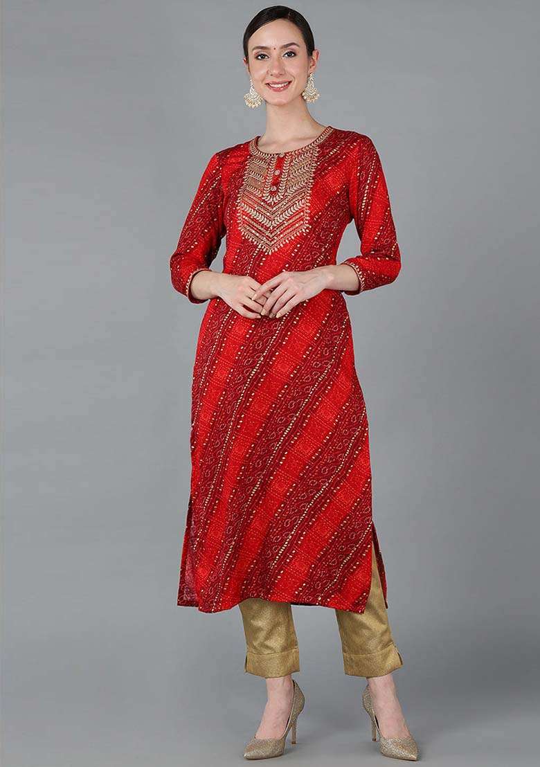 Red Bandhani Rayon Straight Kurta Set - Indya